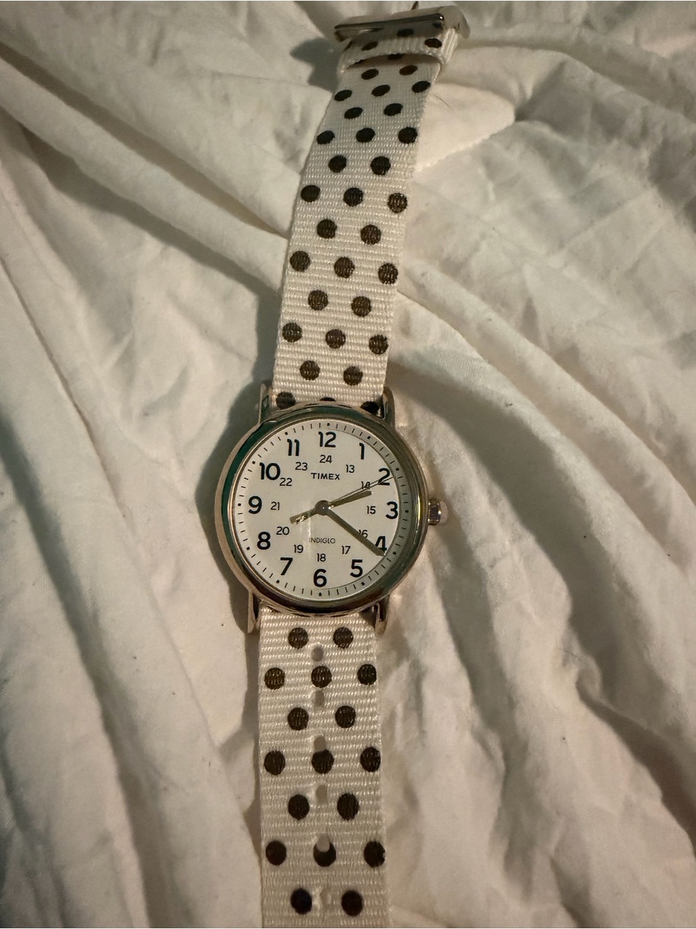 Timex White Dial Watch with White Strap and Brown Polka Dots